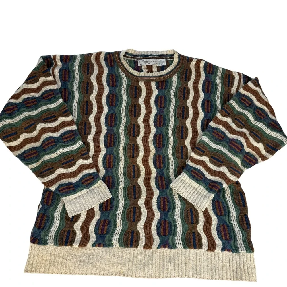 Crossings Vintage 90s 3D Textured Knit Sweater Large Brown Green Made in USA